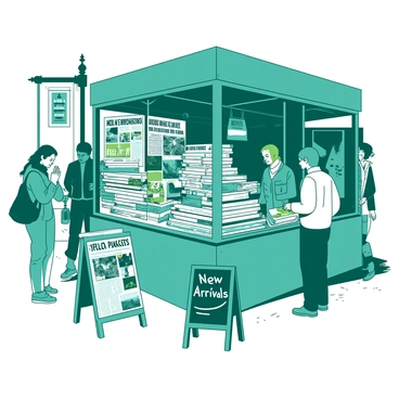 A teal kiosk stands on a bustling street corner, its open sides revealing stacks of vintage magazines and newspapers from the past. The magazines are filled with colorful covers, with titles emblazoned in bold fonts. The newspapers, yellowed with age, are neatly piled in different sections, showcasing headlines from various decades. A small chalkboard sign is propped up in front of the kiosk, with the words "New Arrivals" written in white chalk. Surrounding the kiosk, people can be seen browsing the eclectic collection, some flipping through pages while others engage in conversation.
