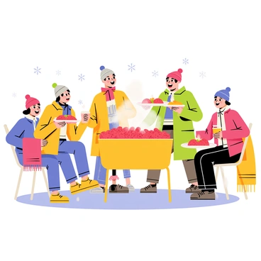 A winter crawfish boil scene featuring several people bundled up in colorful winter coats and hats. They are gathered around a large steaming pot filled with bright red crawfish. The individuals are smiling and laughing as they enjoy warm food, holding plates piled high with crawfish and sides. Snow is gently falling around them, creating a cozy atmosphere, while the ground is lightly dusted with white snow. Some people are holding cups of steaming beverages, adding to the warmth of the scene. Brightly colored blankets are draped over some of the chairs nearby.