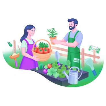 A community garden scene showing neighbors happily exchanging homegrown vegetables and plants. In the foreground, a woman holds a basket filled with ripe tomatoes, while a man presents a small potted herb. Surrounding them are various plants, including leafy greens, colorful flowers, and vegetables in a vibrant green setting. Garden tools such as a watering can and trowel are placed nearby, adding to the gardening atmosphere. A wooden fence and small garden signs are visible in the background, contributing to the community feel.