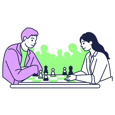 Two chess players are seated at a chessboard, deeply focused on the game. On the left, a man with short hair is wearing a dark jacket, his brows slightly furrowed as he concentrates on his next move. On the right, a woman with long hair is dressed in a light blouse, her expression is serious and determined. The chessboard between them is fully set up with pieces in mid-game, and there are a few pieces slightly pushed forward, indicating the intensity of the match. The background features a soft blur of spectators watching the match with keen interest.
