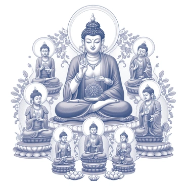 A detailed Thangka painting featuring a variety of Buddhist deities. Each deity is adorned with intricate garments and jewelry, showcasing elaborate patterns and designs. Surrounding the deities are various symbols representative of Buddhist teachings, such as lotus flowers and mandalas. The composition is rich in detail, with a harmonious arrangement of figures and symbols that create a balanced and visually engaging scene. The background includes ornamental elements that enhance the overall spiritual theme of the artwork.