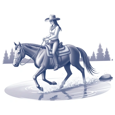 A cowgirl wearing a wide-brimmed hat and a bandana is guiding her horse across a shallow river. The horse has a strong build and is stepping carefully on the rocky riverbed. Water is splashing around as the horse moves, creating ripples in the water. The cowgirl holds the reins firmly in her hand, and her boots are slightly wet from the splashes. In the background, there are trees lining the riverbank, framing the scene. The overall atmosphere conveys a sense of adventure and connection to nature.