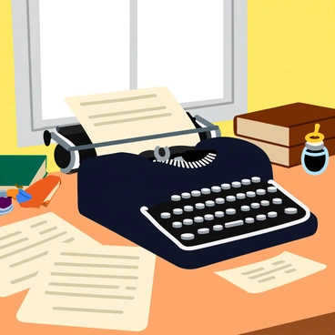 A vintage typewriter with intricate keys and a glossy black finish sits prominently on a polished wooden desk. Several invoices, partially rolled out from the typewriter, display elegant cursive handwriting. The background features aged books with leather bindings, scattered quills, and an ink pot, evoking a strong sense of nostalgia. Soft light filters through an ornate window, casting gentle shadows across the desk, emphasizing the classic decor that surrounds the scene.