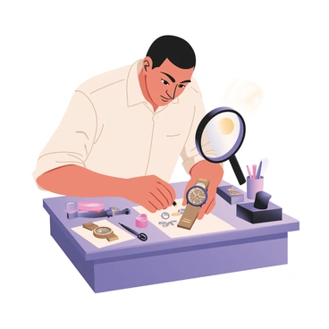 A watchmaker is seated at a small workbench surrounded by various tools and watch components. The watchmaker has short black hair and is wearing a white shirt with rolled-up sleeves. He is focused intently on a delicate wristwatch, which is positioned under a large magnifying glass that enhances the intricate details of the watch face. The watch has gold and silver accents, with tiny gears and springs visible through its transparent back. On the workbench, there are various tools such as tweezers, a screwdriver, and small containers filled with watch parts. A warm light is illuminating the workspace, highlighting the watchmaker's concentration and the precision required for his task.