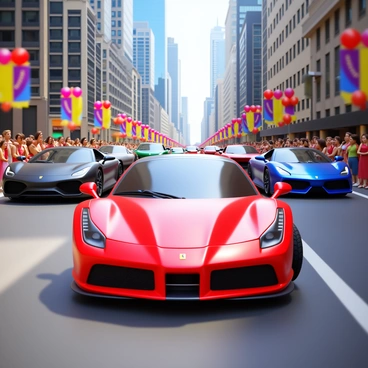 A Ferrari in bright red color leading a parade of luxury cars. The scene is set in a bustling city with tall skyscrapers and busy streets. The luxury cars following the Ferrari include a sleek Lamborghini, a shiny Aston Martin, and a glamorous Maserati. People line the sidewalks, excitedly taking photos and admiring the cars. Colorful banners and balloons decorate the streets, adding a festive atmosphere to the event. Sunlight reflects off the polished surfaces of the vehicles, highlighting their sleek designs.