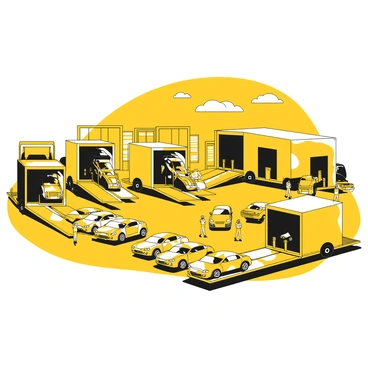 A group of car carriers parked in a large depot with multiple loading ramps. Each carrier is loaded with several vehicles, showcasing a variety of car models lined up neatly. The carriers have their ramps extended, ready for loading additional cars. The depot area features marked lanes and a backdrop of storage containers and satellite structures. Workers in safety vests are moving around, inspecting the vehicles and ensuring everything is in order before departure. The sky above is clear, indicating a bright day for travel.