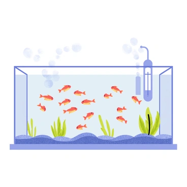 A fish nursery featuring a large, clear rectangular aquarium filled with water. Inside the aquarium, there are numerous tiny fish fry, each with delicate fins and vibrant colors, swimming in groups. The bottom of the aquarium has fine gravel and a few small aquatic plants providing shelter for the fry. There are air stones producing bubbles near the surface, creating a lively atmosphere. A filtration system is visible, ensuring the water remains clean and clear. In the background, there are soft blue lights illuminating the scene, enhancing the colors of the fry.