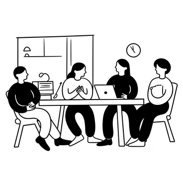 A family of four gathered around a wooden dining table, with papers and a laptop open in front of them. Each member is seated on a wooden chair, showing signs of concern through their posture. The father has his hands clasped together, deep in thought, while the mother leans forward slightly, her arms crossed. One child has a notebook open, jotting down notes, and the other child is looking down at the table. The background features a simple kitchen with a clock on the wall, emphasizing the gravity of their discussion about a recent libel incident.