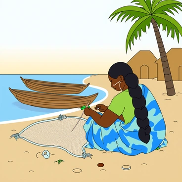 An Indian woman with dark skin and long black hair tied in a braid sits in a quiet fishing village. She is wearing a colorful sari, predominantly in shades of blue and green. The woman is focused on mending a large fishing net, using a needle and thread to repair the holes. Behind her, a few wooden fishing boats are anchored, with some fishing gear scattered around. In the background, there are simple huts made of palm leaves, and a gentle breeze rustles the nearby palm trees. The sky is clear with a warm, sunny ambiance.