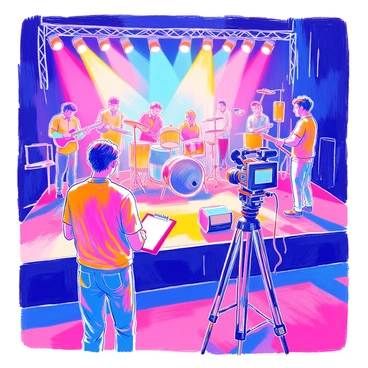 A director is positioned behind a professional camera on a tripod. In front of the camera, a lively band is performing on a brightly lit stage. The director is holding a clipboard with notes, wearing a headset for communication. Surrounding the stage are crew members adjusting lights and sound equipment. Colorful stage lights are casting vibrant hues, illuminating the musicians and enhancing the energetic atmosphere of the music video production.