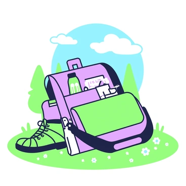 A school bag is resting on a grassy field. The bag is open, revealing a notebook, a water bottle, and a set of colored pencils. The grassy field is dotted with small wildflowers. In the background, there are trees with a few leaves rustling in the breeze. A pair of hiking boots are placed nearby, indicating someone has just set them down. The blue sky above is clear, with a few fluffy clouds scattered throughout.