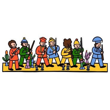 A colorful parade of toy soldiers marching in perfect unison. Each toy soldier has a different vibrant uniform, featuring bright reds, greens, blues, and yellows. The soldiers are standing upright with small, rigid postures, their eyes wide and expressive. They are holding miniature toy rifles, and their hats vary in style, including tall bearskin hats and shiny helmets. Some toy soldiers are depicted with detailed facial features, while others have simple, painted expressions. The ground beneath them is a vibrant surface, showcasing a classic parade route lined with cheering toy figures and festive decorations.