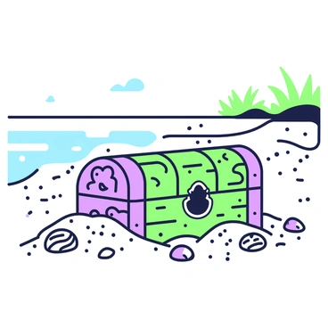 An ornately carved treasure chest is partially buried in sand on a beach. The chest features intricate designs etched into its surface, showcasing swirls and floral patterns. The wood of the chest has a weathered appearance, with small grains visible on the exterior. Surrounding the chest, fine grains of sand are scattered, with a few seashells nearby. The beach stretches out in the background, with gentle waves lapping at the shore and a clear sky above. A few tufts of grass can be seen in the distance, adding to the coastal scene.