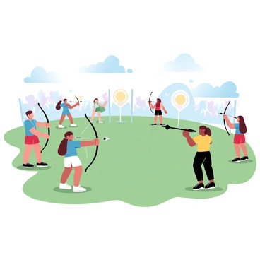 A school sports day scene features several students standing on a grassy field, each aiming at different targets positioned at various distances. The students are wearing colorful sports uniforms, with some in bright red, others in vibrant blue, and a few in sunny yellow. Some students are holding bows, while others are preparing to throw balls towards the targets. In the background, several banners are displayed, and a crowd of parents and teachers are cheering them on. The sunny sky above displays a few fluffy clouds, adding a cheerful atmosphere to the event.