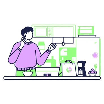 A person is standing in a bright kitchen, engaged in a phone call. They are wearing casual clothing and are gesturing with their right hand towards a half-empty takeout bag placed on the kitchen counter. The takeout bag is made of paper and has a distinctive logo on it. In the background, there are kitchen appliances visible, such as a microwave and a coffee maker. A bowl of fruit is sitting next to the takeout bag, and the countertop is cluttered with various utensils.