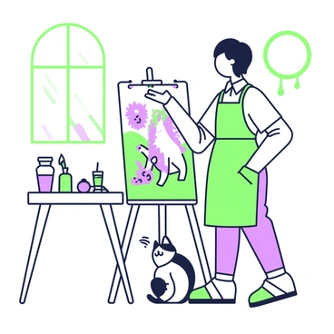 An illustrator is standing next to an easel, painting whimsical characters for a children's book. The easel holds a canvas that features a colorful scene with a friendly dragon and a laughing unicorn in a vibrant landscape. The illustrator has short hair and is wearing an apron over a casual shirt and trousers. In the background, there are various paint tubes and brushes scattered on a nearby table. Sunlight streams through a window, illuminating the workspace. A playful cat sits at the illustrator's feet, watching intently.