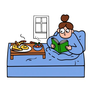 A wooden tray on a neatly made bed, holding a plate with a perfectly cooked fried egg, golden and sunny-side up, alongside crispy bacon and a slice of toast. There is a small bowl of fresh fruit, including strawberries and blueberries, next to the plate. On the bed, a light-skinned person with big eyes and brown hair is sitting up, holding an open book in their hands, deeply engaged in reading. They are wearing comfortable pajamas, and a soft, fluffy blanket is draped over their legs. The morning light filters through the window, casting a warm glow over the scene.