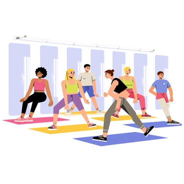 A group of five individuals in a gym class performing glute bridges on colorful exercise mats. The first individual is a woman with curly black hair wearing a bright pink tank top and black leggings. Next to her is a man with short brown hair dressed in a grey t-shirt and blue shorts. The third individual is a woman with long blonde hair, wearing a green sports bra and purple leggings. The fourth is a man with a shaved head, dressed in a black tank top and red shorts. Finally, the fifth individual is a woman with medium-length brown hair in a bun, wearing a blue sports top and grey leggings. Each person has a focused expression, and the gym environment has large mirrors reflecting their movements. Bright overhead lights illuminate the area, showcasing the vibrant colors of their workout gear.