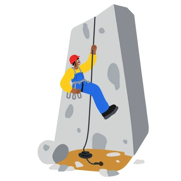 A climber in a bright red helmet scaling a steep and challenging rock face. The climber is wearing a blue climbing harness and has carabiners attached to the harness for safety. The rock surface is rugged with various textures, showcasing gray and brown shades. Below the climber, a safety rope is securely anchored, extending down toward a rocky ground with scattered pebbles. The climber's focused expression reflects determination as they reach for a handhold on the craggy surface.