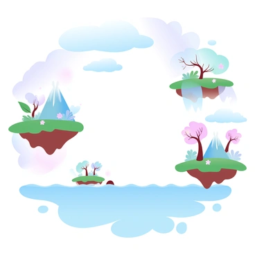 A series of floating islands, each with lush greenery and vibrant flowers, are suspended in a gradient pastel sky. Some islands have waterfalls cascading down into mist, while others feature whimsical trees with unusual shapes. The background reveals soft, fluffy clouds drifting lazily around the islands. Below, a gentle sea reflects the colors of the sky, creating a harmonious atmosphere. The entire scene is arranged to fit within a 1/2 size illustration board format, emphasizing the surreal nature of the landscape.