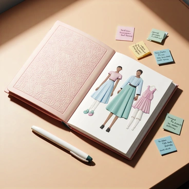 A closed journal, resting on a stylish wooden desk, has a textured leather cover embossed with intricate patterns. The journal's pages, slightly visible, are filled with detailed fashion sketches depicting various outfits, including dresses and accessories, all rendered in vibrant colors. Next to the journal, there are several colorful post-it notes, each one covered in handwritten notes about current trends, fabrics, and color palettes. A chic pen lies beside the journal, hinting at recent activity, while a soft light casts gentle shadows across the desk, creating a warm and inviting atmosphere.