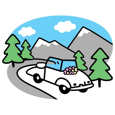 A white vintage wedding car, decorated with flowers on the hood, is driving up a winding mountain road. The road is surrounded by lush green trees and rocky cliffs. In the background, majestic mountains rise into the blue sky, partially covered with white clouds. The sunlight casts a warm glow on the scene, highlighting the car as it ascends the path.