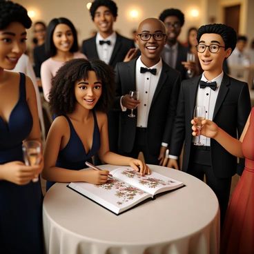 A group of guests at a wedding reception gathered around a beautifully decorated guestbook table. The guestbook is an elegant hardcover book with a floral design on the cover and a pen resting beside it. The guests, a diverse mix of individuals in formal attire, are smiling as they take turns writing their names. One guest, a woman with long curly hair wearing a navy blue dress, is writing with a silver pen. Another guest, a man in a tailored suit, stands next to her, holding a glass of champagne in one hand. Soft, warm lighting illuminates the scene, highlighting the joyful atmosphere of celebration.
