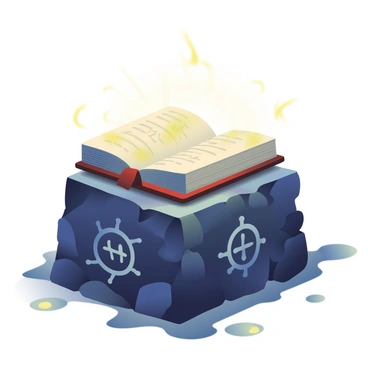 An ancient, forbidden book emanating dark energy on a stone pedestal