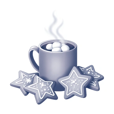 A steaming mug of hot chocolate with marshmallows, surrounded by Christmas cookies