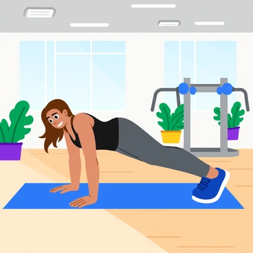 A woman with long brown hair is performing a knee plank exercise on a blue yoga mat inside a modern gym. She wears a black sports top and gray leggings. Bright overhead lights illuminate the gym, highlighting the sleek, metallic gym equipment in the background. Large windows allow natural light to flood the room, while green potted plants add a touch of color near the walls. The floor is polished wood, adding to the contemporary feel of the space.