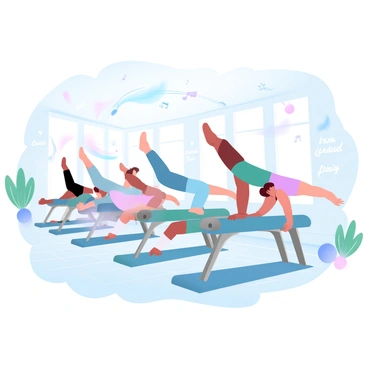 A reformer class in a spacious studio filled with natural light. Several participants are engaging in exercises on reformer machines, each demonstrating different movements. The participants are dressed in colorful workout attire, showcasing a variety of styles. There are energetic music notes illustrated in the air around them, suggesting the upbeat music they are synchronizing to. The floor has a light wooden texture, and there are motivational quotes on the walls. A few plants are placed in corners, adding a touch of greenery to the atmosphere.