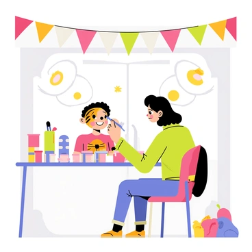 A vibrant face painting booth with colorful decorations and banners. Inside the booth, a young child is sitting in a chair, smiling in anticipation. The child's face is partially painted with bold orange and black stripes, resembling a tiger. A skilled artist is focused on painting the child's forehead, using a brush with bright yellow to create the tiger's nose. Various face paint supplies, including pots of paint and brushes, are neatly arranged on a table beside them. The background features cheerful designs and playful animals to enhance the festive atmosphere.