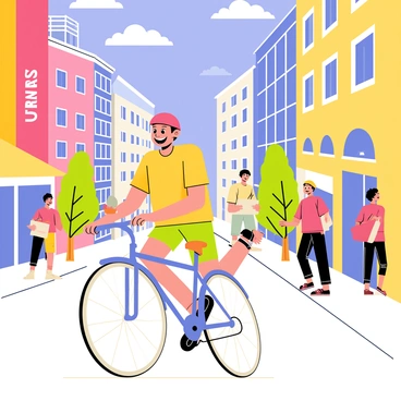 A cartoon character riding a blue bicycle with a red helmet. The character has a big smile and is wearing a yellow t-shirt and green shorts. They are biking along a busy street lined with tall, colorful buildings that have large windows and vibrant signs. There are people walking on the sidewalks, some carrying shopping bags, and a few other cyclists passing by. The sky above is bright blue with fluffy white clouds.