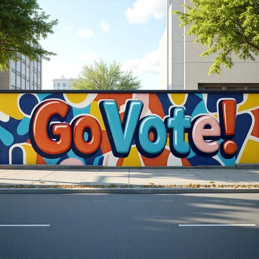 A city wall featuring a bold and colorful mural with the words "Go Vote!" prominently displayed. The letters of the slogan are in a mix of vibrant colors, including red, blue, and yellow, each with a distinctive outline that makes them stand out. The background of the mural consists of abstract shapes and patterns that complement the slogan, adding more energy to the scene. Surrounding the wall are urban elements such as a paved street, a few scattered fallen leaves, and a glimpse of nearby buildings. The sky above is clear with hints of soft clouds, suggesting a bright day.