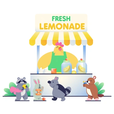 A chicken with yellow feathers is standing behind a small lemonade stand. The chicken is wearing a miniature green apron. The stand is decorated with bright yellow and white striped awnings, and there are several jars of lemonade on the counter, filled with a light yellow liquid and slices of lemon floating inside. A sign above the stand reads "Fresh Lemonade" in bold, colorful letters. In front of the stand, there is a line of customers, consisting of a raccoon holding a coin, a rabbit with a pink bow, and a squirrel with a small basket. The customers appear eager to buy lemonade, and the scene is set in a sunny park with green grass in the background.