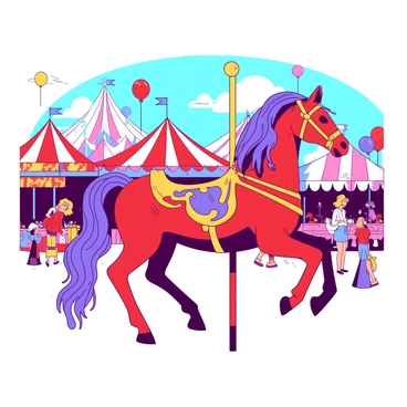 A red carousel horse with intricate designs is positioned prominently in the center of a vibrant carnival scene. The horse features a shiny golden saddle and a flowing mane made of bright blue and purple strands. Surrounding the horse are various carnival attractions, including colorful tents and game booths, filled with visitors enjoying the festivities. Brightly colored balloons float in the air, and children can be seen laughing and playing nearby. The sky above is clear with a warm sunlight illuminating the lively atmosphere.