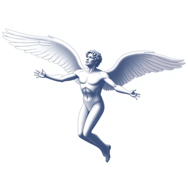 A figure representing Icarus is depicted mid-flight against a vast expanse. The figure has arms outstretched wide, showcasing a strong stance as if embracing the air. The wings attached to his back are detailed, with each feather carefully rendered to emphasize their structure. The posture conveys a sense of boldness and adventure, capturing the moment just before the descent. The background is minimal, drawing focus to the dynamic pose and the expression of determination on the figure's face.