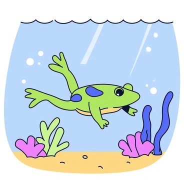 A rare marine frog species with a vibrant green body and distinctive blue spots swims gracefully underwater. Its elongated legs are streamlined, helping it navigate through the clear, blue water. Small bubbles trail behind it as it moves, and colorful coral formations surround the frog, creating a lively underwater environment. Sunlight filters down from above, casting soft reflections on the sandy ocean floor.