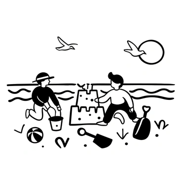 A beach scene depicting children playing in the sand. Two children are building a sandcastle with buckets and shovels, surrounded by various sand tools scattered around them. Waves gently lap at the shore in the background. A large sun is prominently positioned in the sky, casting long shadows on the sand. Seagulls are flying above, and a beach ball is rolling nearby.