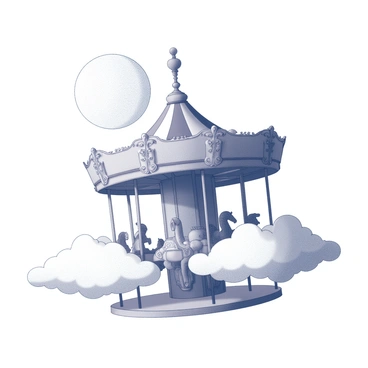 A carousel in the sky with clouds as the seats, rotating under a full moon