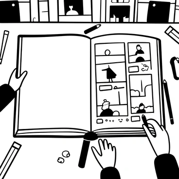 A large open book displayed on a wooden table, with blank pages waiting to be filled. On one side of the book, there are sketches of characters gradually taking shape, starting from rough outlines to detailed drawings. Various colored pencils and brushes are scattered around, each tool positioned as if just used. The opposite page shows different stages of a scene being developed, from a simple layout to a fully illustrated scene with backgrounds and colors. A pair of hands is seen actively drawing, emphasizing the creative process. In the background, a cozy workspace is visible, with shelves filled with other illustrated books.