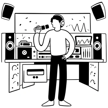 Tyler in a recording studio, wearing headphones and holding a microphone