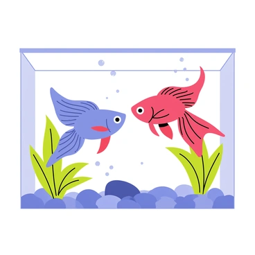Two vibrant betta fish with long, flowing fins are facing off in a clear aquarium. One fish is a bright blue with red accents, while the other fish is a striking red with hints of purple. Their fins are fully extended, displaying intricate patterns and colors, creating a stunning visual contrast. The aquarium is filled with lush green plants and smooth pebbles at the bottom. Bubbles rise from a small air stone, adding dynamic movement to the scene. The water is crystal clear, allowing for an unobstructed view of this dramatic encounter.