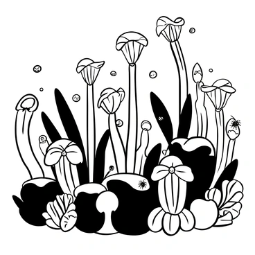 A group of exotic carnivorous plants like Venus flytraps and pitcher plants