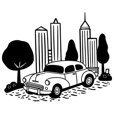 A classic car parked on a cobblestone path in a quiet urban park. The car has shiny chrome details and vintage design elements. Surrounding the park, there are tall skyscrapers towering above, their outlines sharply defined against the sky. Lush trees and well-maintained flower beds flank the car, adding texture to the scene. A few park benches are visible in the background, inviting visitors to relax and enjoy the view.