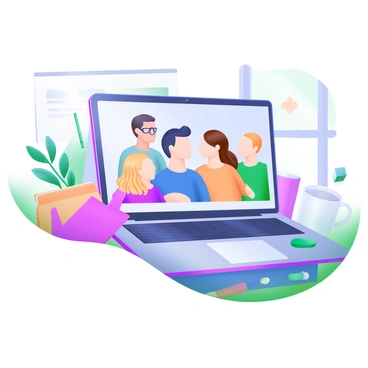 A modern pastel illustration featuring a laptop open on a desk. On the screen, a group of four colleagues appears, sitting in different locations. One colleague has short black hair and is wearing glasses, another has long brown hair tied back, a third has curly blonde hair, and the last has a buzzcut. They are all smiling and engaged in conversation. Surrounding the laptop are office supplies like a notebook, a pen, and a coffee mug. The background includes a bright and airy workspace with a plant and a window letting in natural light.