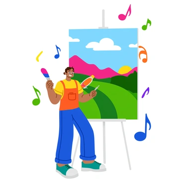 An artist is standing in front of a large canvas, holding a paintbrush with vibrant colors on it. The canvas displays a beautiful landscape filled with bright, swirling colors. Musical notes in various sizes and colors are swirling around the artist, appearing as if they are coming to life and dancing in the air. The artist has a focused expression, immersed in their work, while the notes create a lively atmosphere around them. The scene captures a moment of creativity and inspiration.