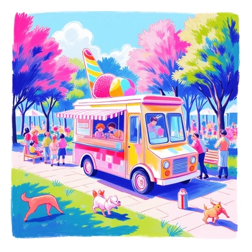 An ice cream truck is parked in a busy park. The truck features a large, colorful rainbow cone on top, attracting the attention of passersby. Around the truck, people of various ages are enjoying the sunny day; children are eagerly waiting in line for their ice cream, while some parents are chatting nearby. Vibrant trees and green grass fill the background, and a few park benches are occupied by visitors relaxing and enjoying their treats. A small dog runs playfully in the grass, adding to the lively atmosphere.