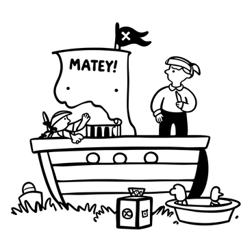 Calvin stands at the helm of a makeshift ship crafted from wooden planks in a backyard, wearing a pirate hat and holding a toy sword. Hobbes, dressed in a striped pirate outfit, lounges on the deck with a treasure map spread out in front of him. The ship is adorned with a tattered sail made from an old sheet and there's a large wooden crate marked "Treasure" nearby. Lush grass surrounds the ship, and a few colorful toy boats float in a nearby kiddie pool. The words "Ahoy Matey!" are boldly displayed above the ship.