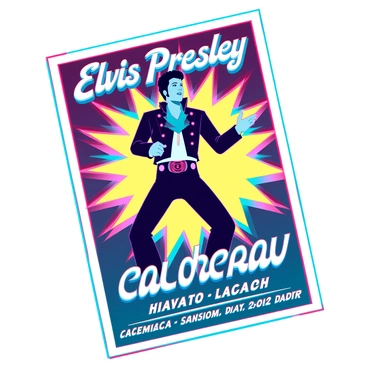 A colorful vintage poster featuring "Elvis Presley" prominently displayed at the top in bold, retro typography. Below his name, an illustration of Elvis in a stylish jumpsuit, striking a dynamic pose, capturing his energetic stage presence. Surrounding him are vibrant starbursts in bright shades of red, blue, and yellow, giving a lively feel to the design. At the bottom, the details of the concert date and location are elegantly arranged in a classic font, ensuring they stand out against the colorful background. The overall composition evokes the excitement of a live music event.